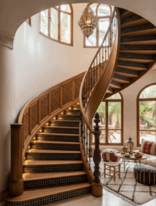 Escalier colimaçon en bois avec motifs ajourés marocains, rampe en fer forgé et éclairage d'ambiance, optimisant l'espace dans un intérieur chaleureux.