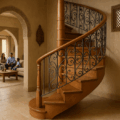 Escalier colimaçon en bois optimisant l’espace dans une maison avec déco marocaine et famille au salon