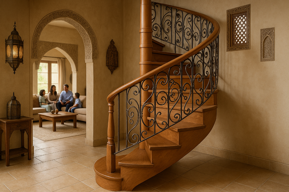 Escalier colimaçon en bois optimisant l’espace dans une maison avec déco marocaine et famille au salon