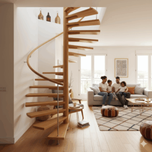 Escalier colimaçon en bois élégant s'intégrant dans un espace restreint, libérant le sol près d'un salon où l'on aperçoit une famille, avec des touches de décoration marocaine (lanternes, poufs).
